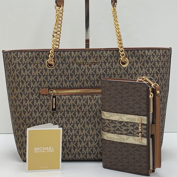 MICHAEL KORS Metallic Logo Chain Tote Bag & LARGE DOUBLE ZIP WRISTLET WALLET - Picture 11 of 16